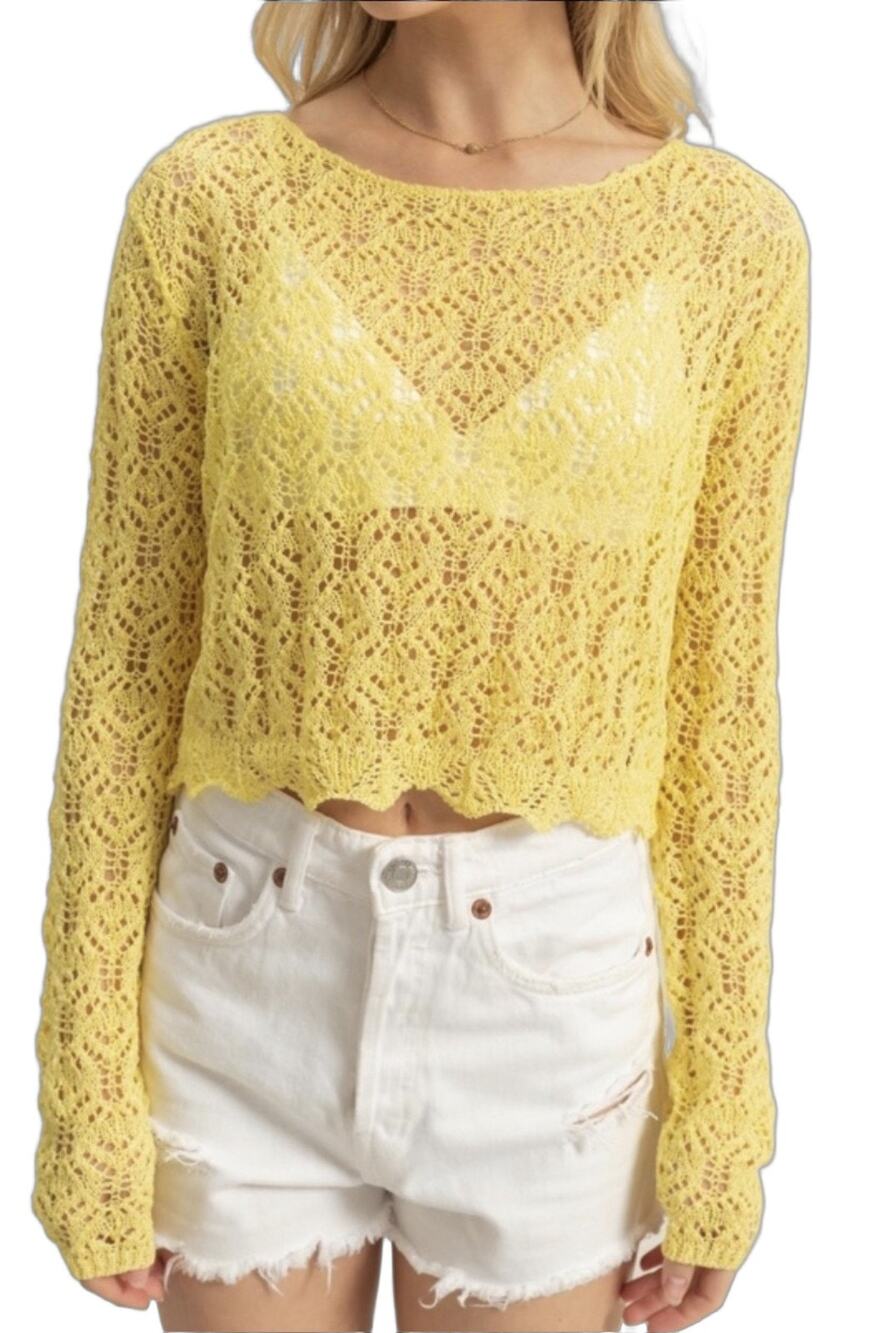 HYFVE Women's Small Yellow Long Sleeve Crochet Knit Pullover Sweater Sheer